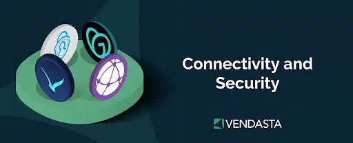 Reselling business ideas 11. A banner with a mix of round tokens representing products to bundle and the words “connectivity and security.”