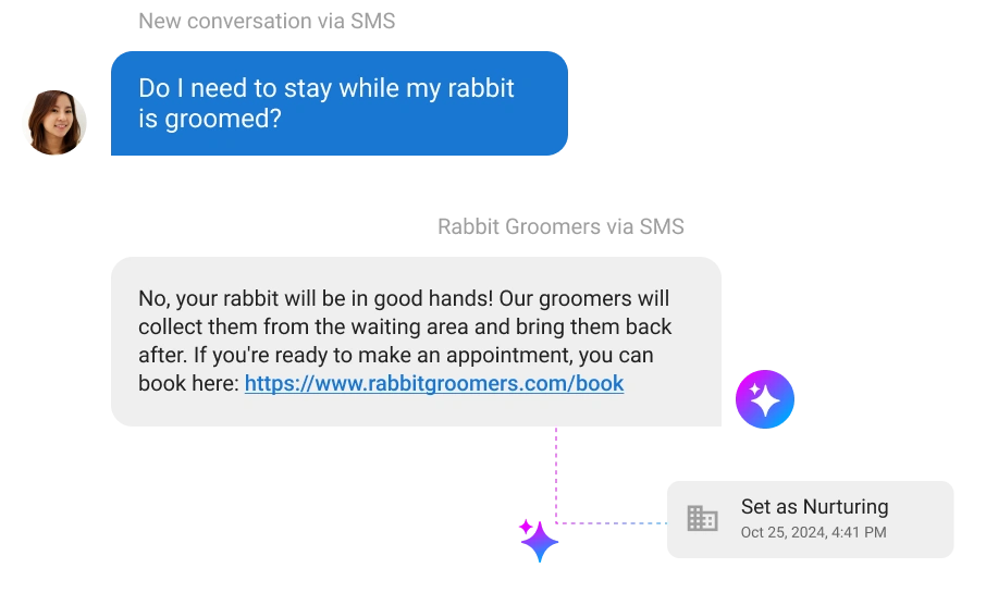 Text conversation about rabbit grooming appointment details.