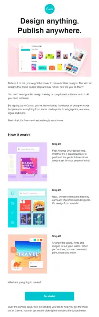 lead nurturing workflow: welcome email, canva, vendasta