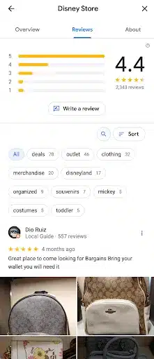 Google Reviews Search: Disney Store