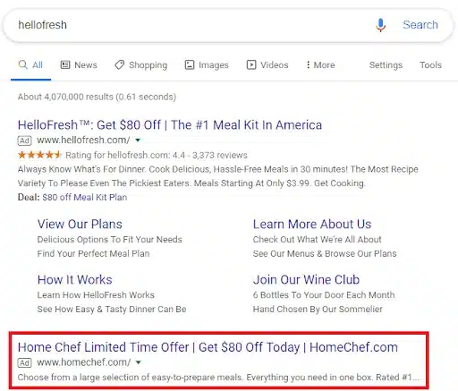 Screenshot of the SERP for a google search for Hellofresh, showing an ad for HelloFresh followed by an a competitor conquesting ad for HomeChef.