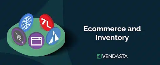 Reselling business ideas 12. A banner with a mix of round tokens representing products to bundle and the words “ecommerce and inventory.”