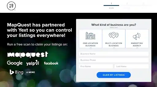 MapQuest and Yext partnership advertisement for business listings.
