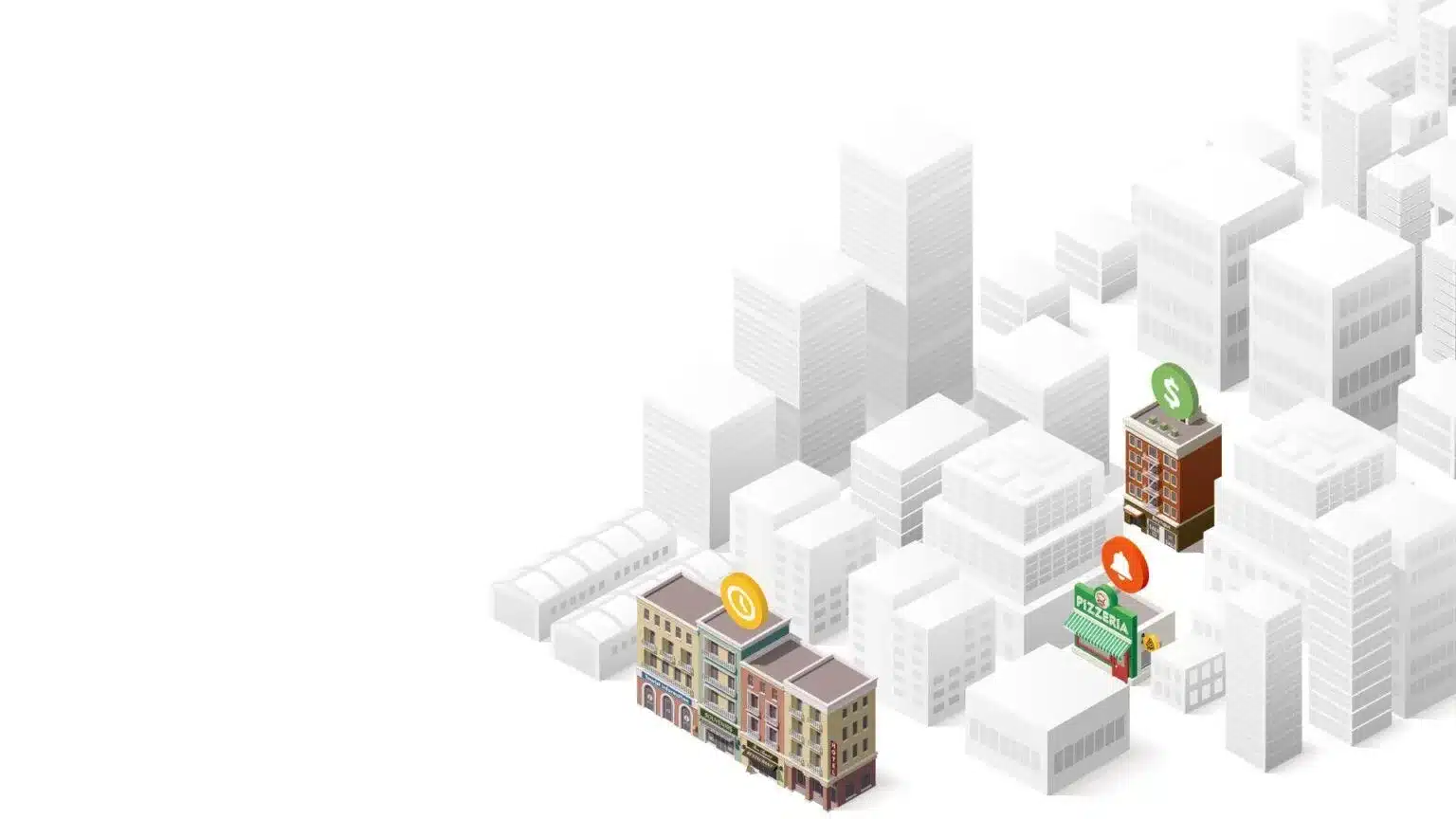 A gray city with three colorful buildings representing the businesses that stand out for using SaaS software.
