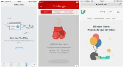Three example empty state pages. The first has an illustration of an airplane pulling a web page behind it, with the text “Get to your files offline.” The second has an illustration of a pair of hanging boxing gloves, with the text “It’s a bit empty here…” below. The third has an illustration of an empty tray and a hedgehog carrying balloons with the text “No new items—Welcome to your tidy inbox!”