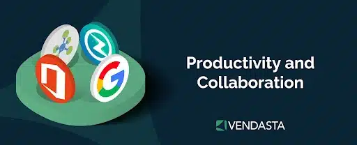 Reselling business ideas 10. A banner with a mix of round tokens representing products to bundle and the words “productivity and collaboration.”