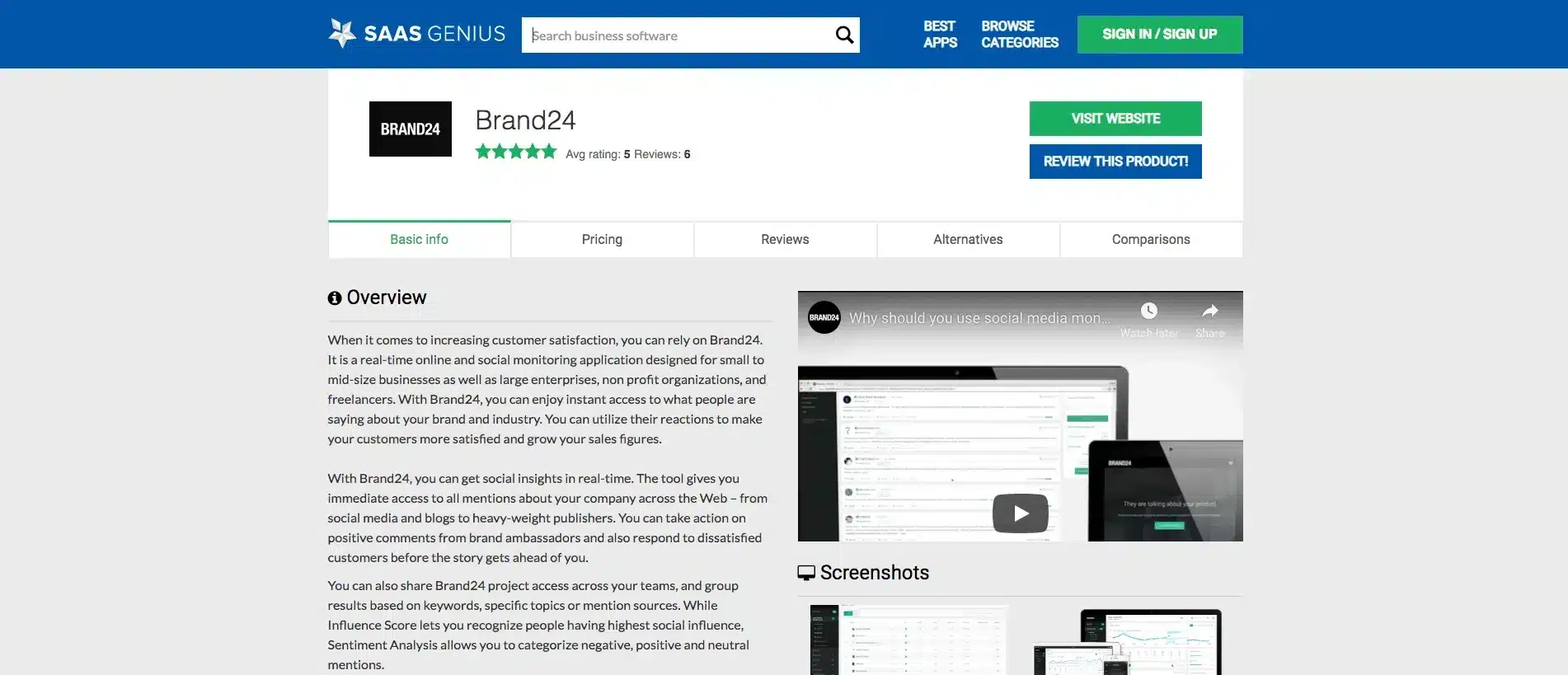 Screenshot of the SaaSGenius interface showcasing the Brand24 review page.