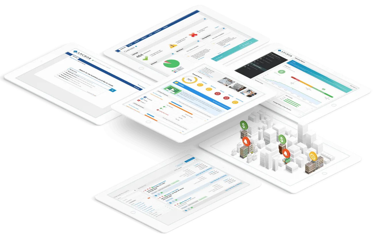 A combination of five SaaS platform screenshots layered over one another with the gray city and sparsely laid out colorful buildings.