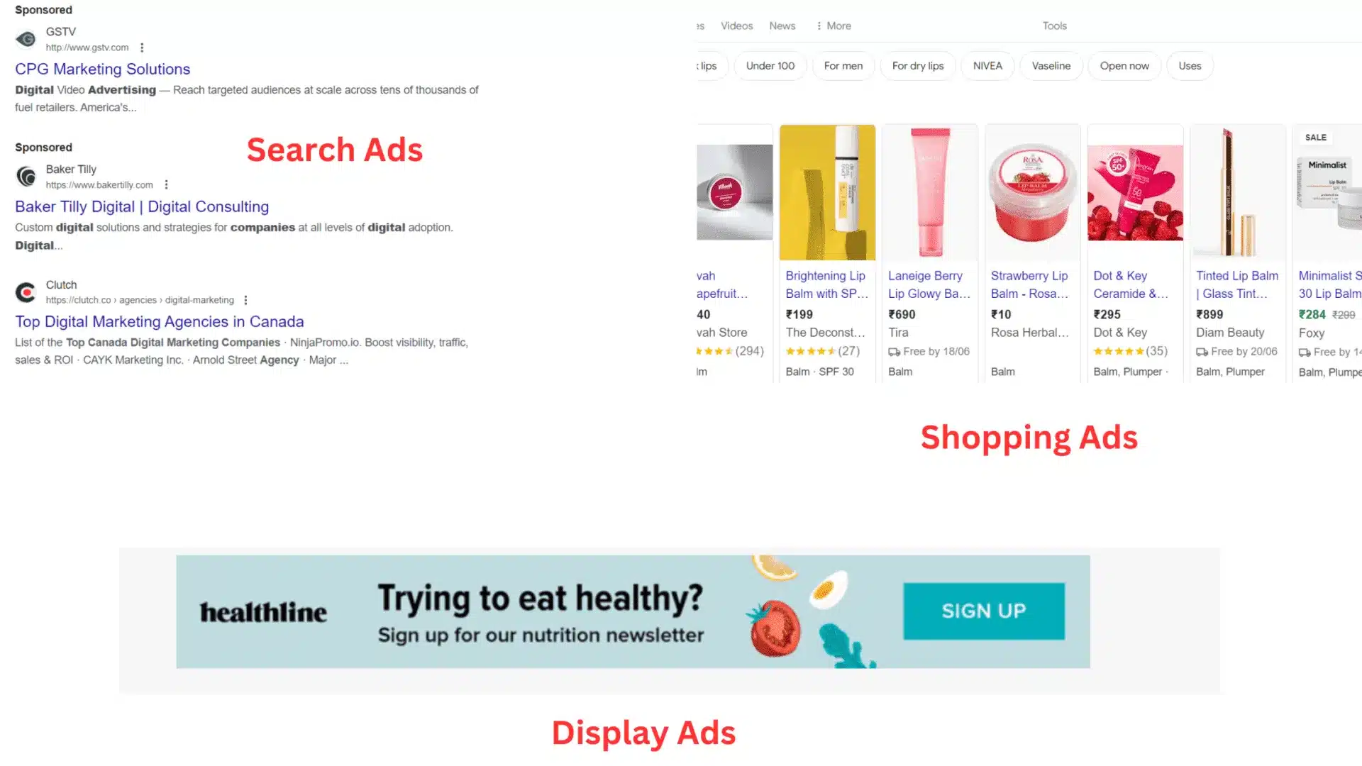 PPC campaigns: search ads, shopping ads, display ads