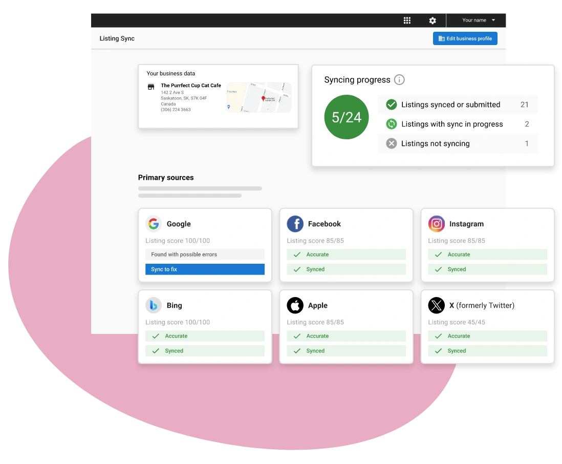 seo-reputation-management-local-seo-3-vendasta Business listing sync progress overview with source scores.