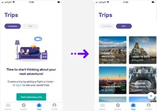 An example of an empty state page from Skyscanner which lets the user click on either the “Upcoming” or the “Past” trips button, showing how an empty state page can be used to guide the user experience.